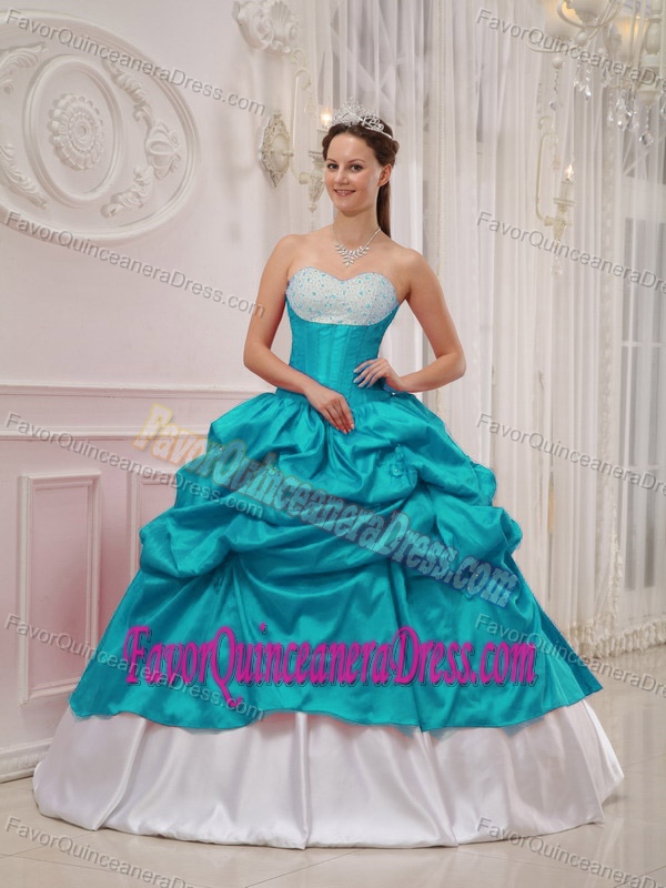 Pretty Teal and White Quinceanera Dress for Summer with Beads and Pick-ups