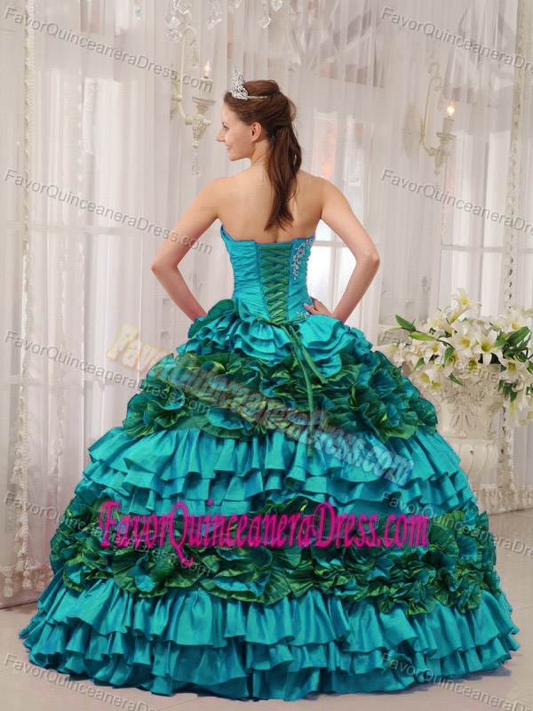 Stylish Strapless Appliqued Tiered Teal Taffeta Quince Dresses on Discount