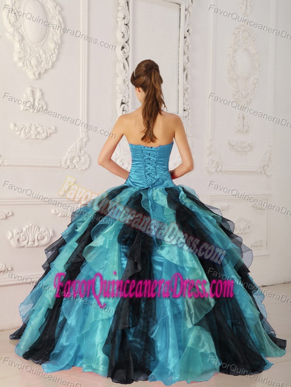 Cheap Appliqued Ruffled Teal and Black Organza Sweet 15 Dress Factory