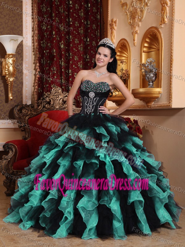 Amazing Beaded Ruffled Organza Quinceanera Gown Dresses in Teal and Black