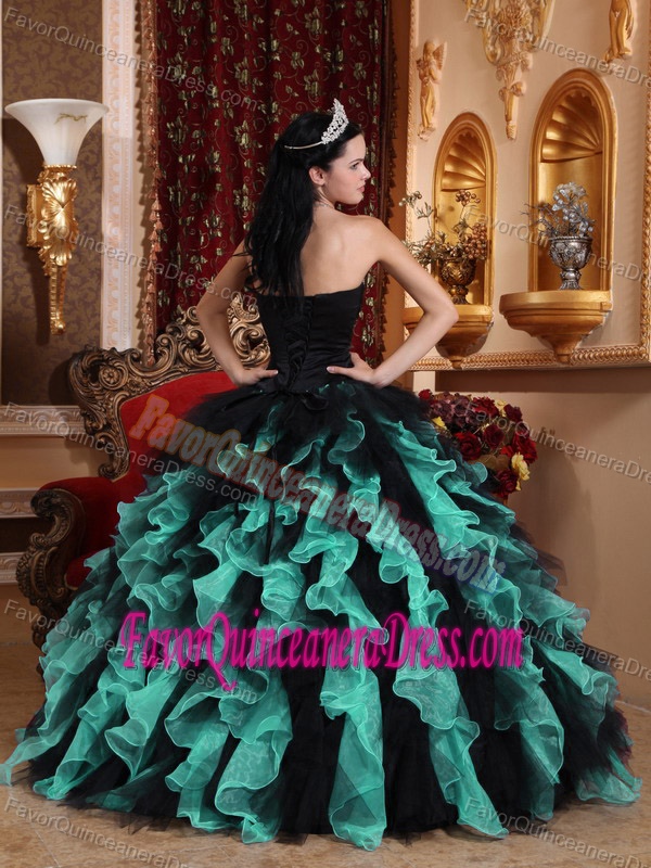 Amazing Beaded Ruffled Organza Quinceanera Gown Dresses in Teal and Black