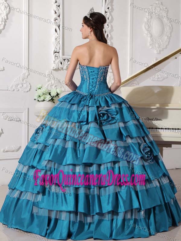 Perfect Tiered Teal Taffeta Embroidered Quinceanera Dresses with Flowers