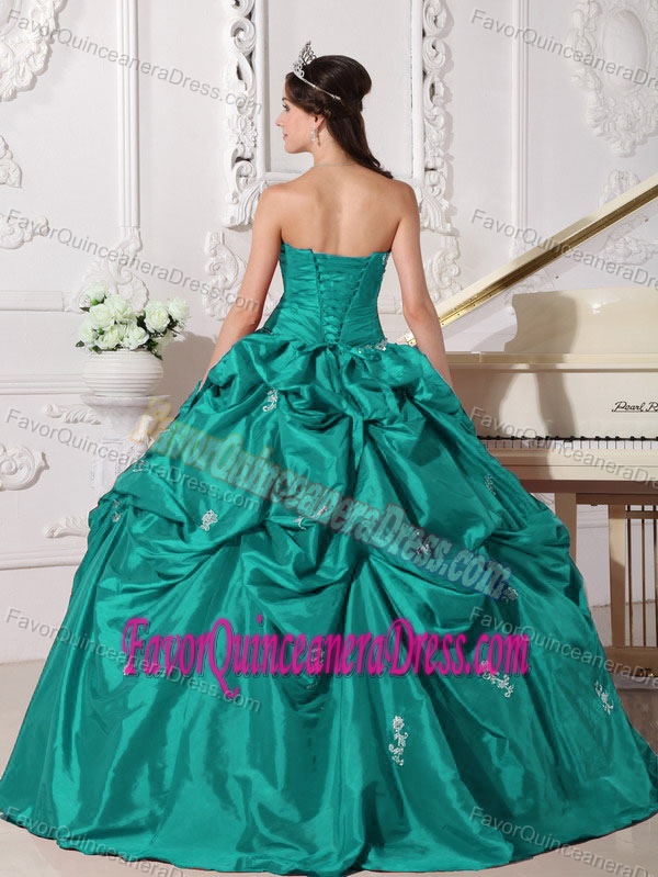 Gorgeous Pick-ups Taffeta Appliqued Turquoise Quince Dress for Sale
