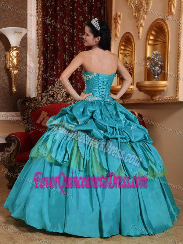 Free Shipping Strapless Appliqued Teal Taffeta Sweet 16 Dress with Pick-ups