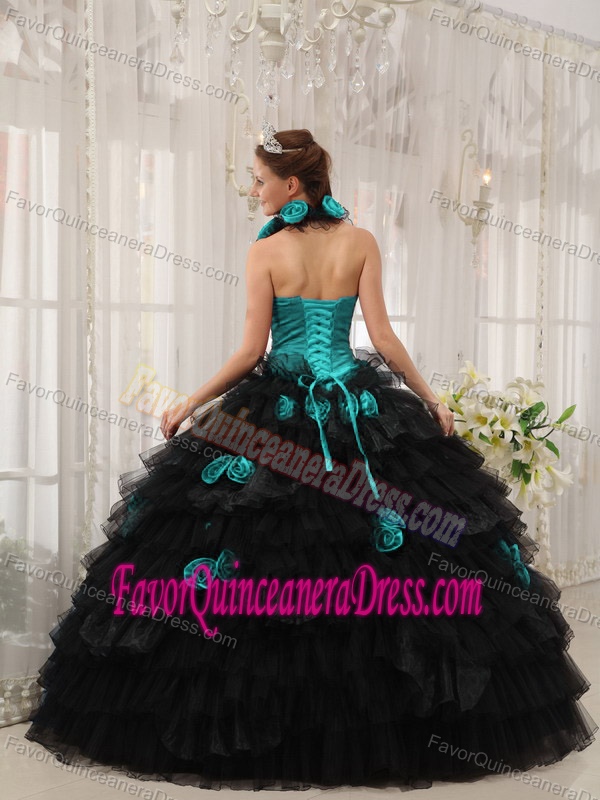 Exclusive Halter Black and Teal Tulle Taffeta Quinceanera Gown with Flowers