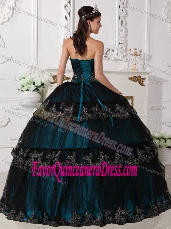 Vintage Strapless Appliqued Teal and Black Quince Dresses in Tulle Taffeta