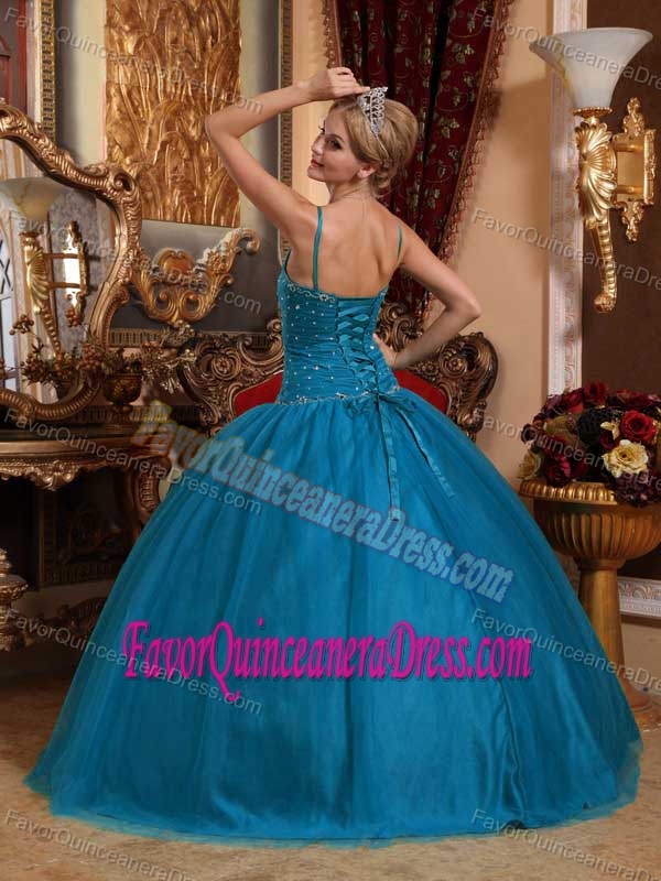 Pretty Straps Beaded Teal Floor-length Dress for Quinceanera Tulle Taffetas