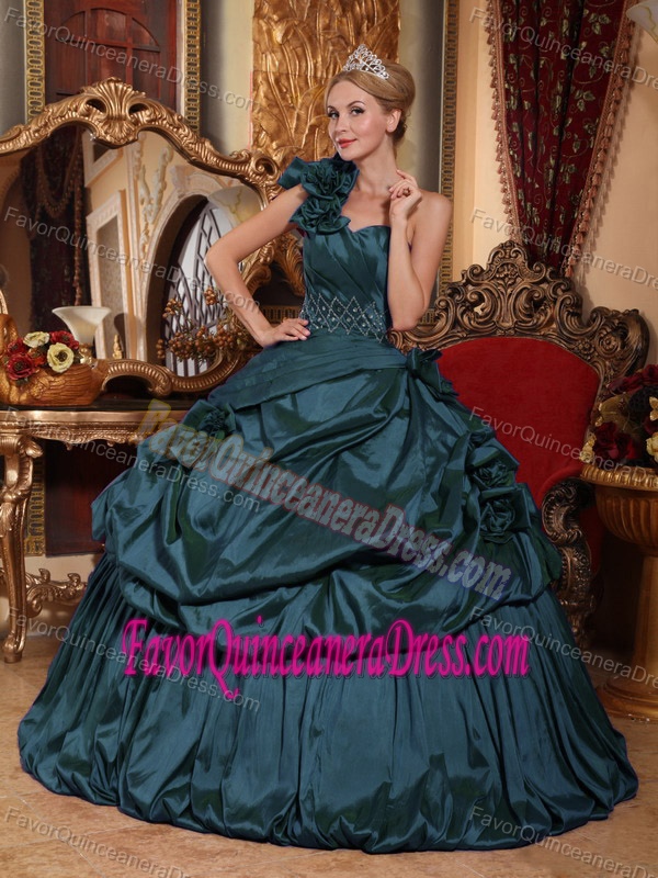 Clearance Taffeta One Shoulder Teal Quinceanera Gown Dresses with Beads