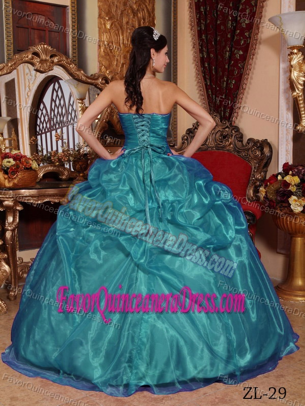 Fast Shipping Sweetheart Organza Teal Quinceanera Dress with Beading