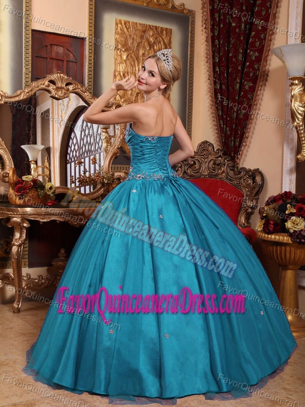 Simple Strapless Floor-length Teal Taffeta Quinceanera Party Dress with Appliques