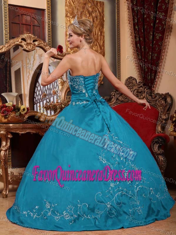 Graceful Strapless Teal Floor-length Taffeta Quinceanera Dress with Embroideries