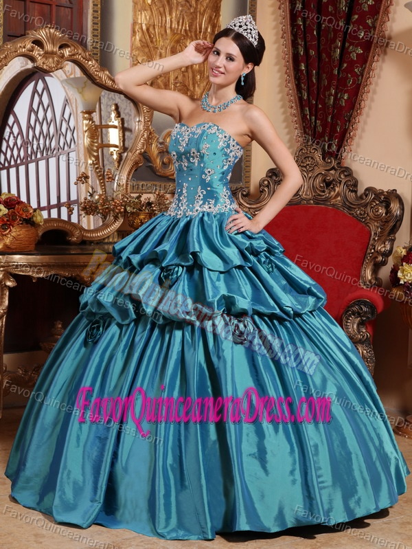 Sweetheart Teal Appliqued Taffeta Dress for Quince with Pick-ups and Flowers