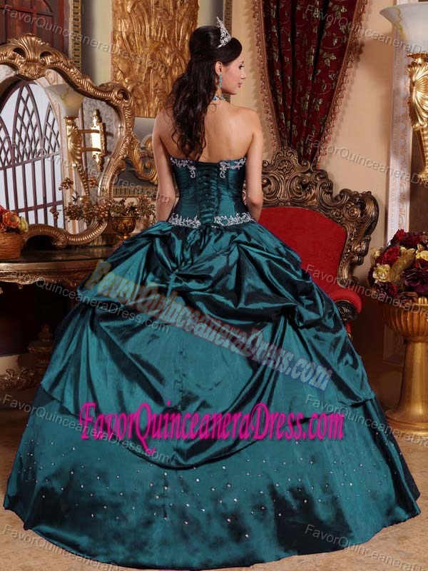 Appliqued Hunter Green Taffeta Quinceanera Dresses with Pick-ups and Beading