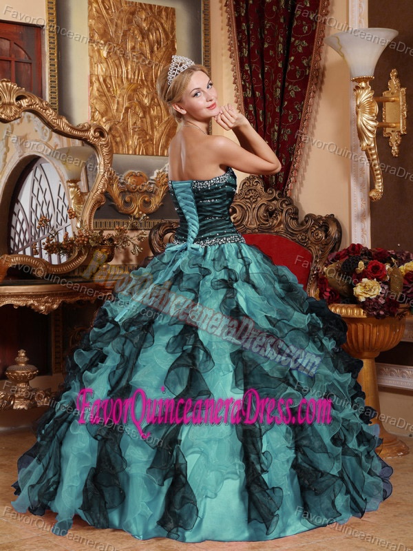 Unique Teal and Black Sweetheart Beaded Organza Dress for Quince with Ruffles