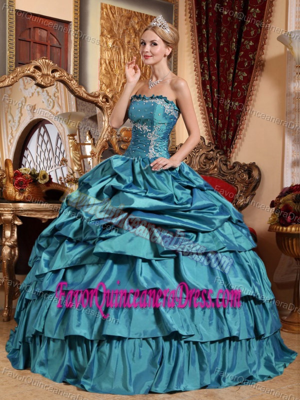 Strapless Teal Appliqued Taffeta Quinceanera Dress with Pick-ups and Flounce