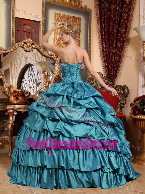 Strapless Teal Appliqued Taffeta Quinceanera Dress with Pick-ups and Flounce