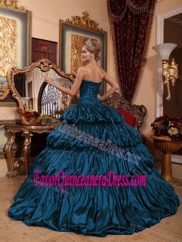 Sweetheart Teal Ruched Brush Train Appliqued Quinceanera Dress with Pick-ups