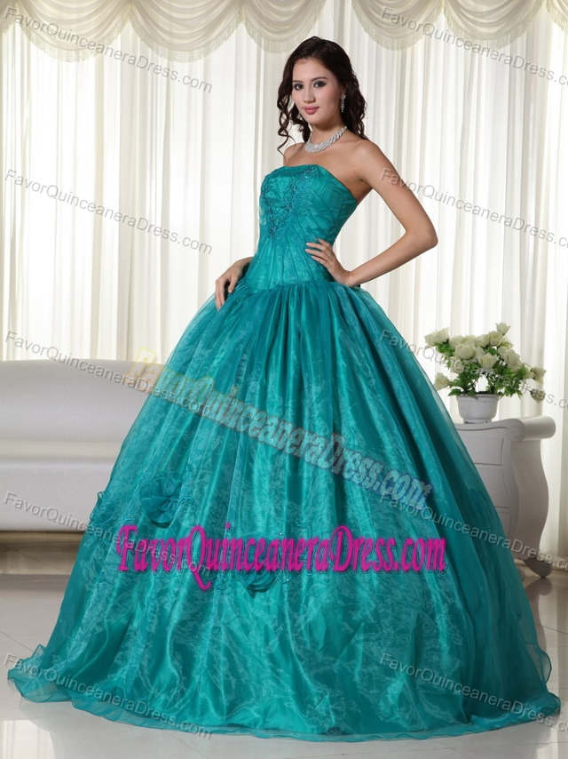 Beautiful Beaded Strapless Turquoise Organza Quinceanera Dresses with Flowers