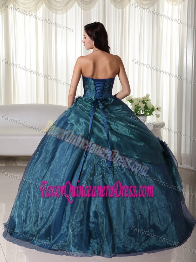 New Hunter Green Strapless Taffeta and Organza Quinceanera Dress with Flowers