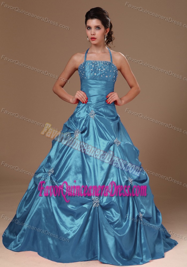 Wonderful Halter Appliqued Taffeta Quinceanera Dress with Pick-ups and Shawl