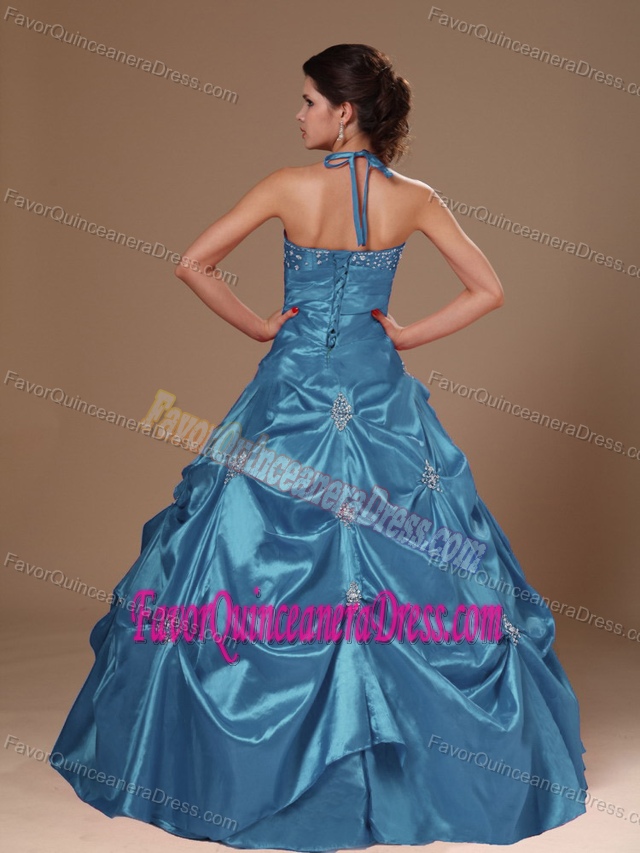 Wonderful Halter Appliqued Taffeta Quinceanera Dress with Pick-ups and Shawl
