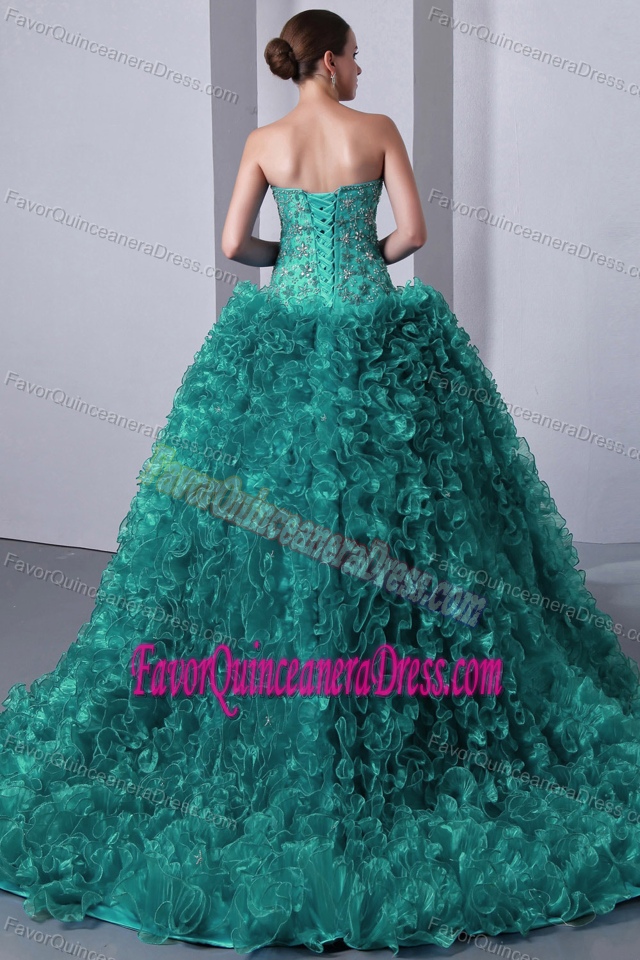 Turquoise Sweetheart Brush Train Quinceanera Dress with Appliques and Ruffles