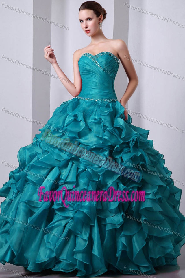 2013 Beaded Sweetheart Ball Gown Teal Organza Quinceanera Dress with Ruffles