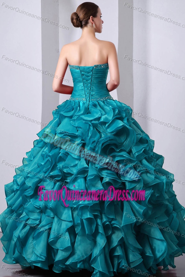 2013 Beaded Sweetheart Ball Gown Teal Organza Quinceanera Dress with Ruffles