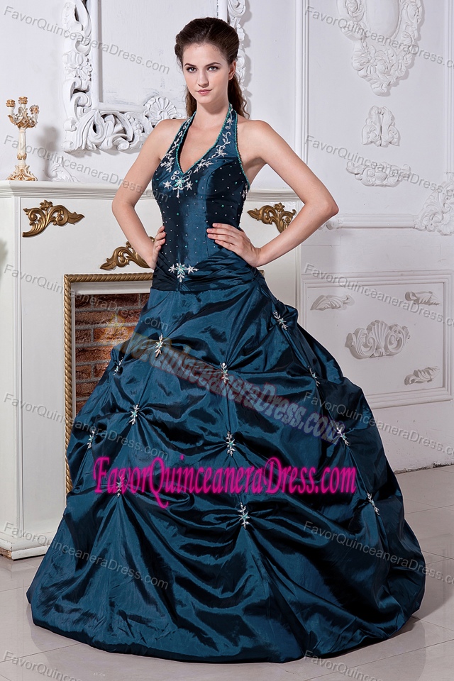 Gorgeous Halter Navy Blue Embroidered Taffeta Quinceanera Dress with Pick-ups