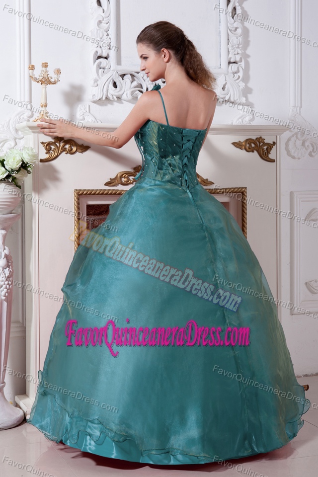 One-shoulder Dark Green Organza Quinceanera Dress with Flowers and Beading