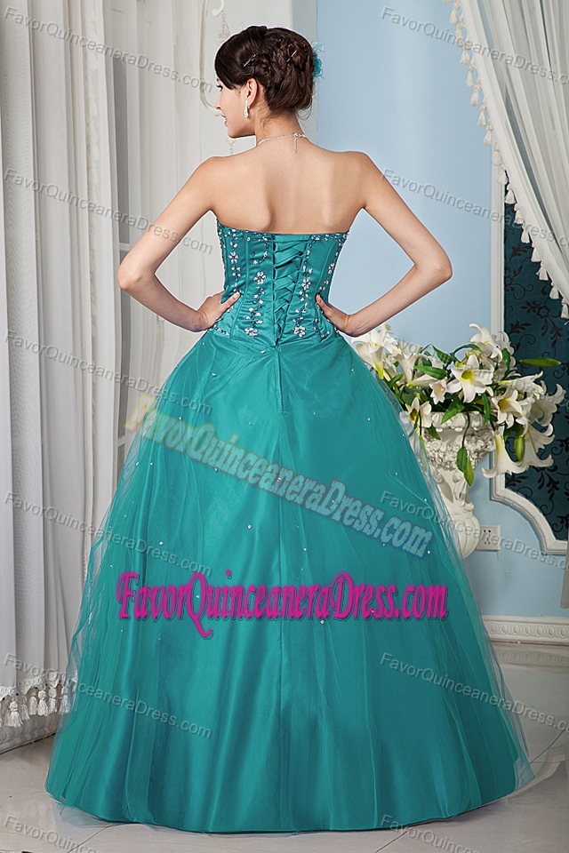 Turquoise Strapless Floor-length Taffeta and Tulle Quinceanera Dress with Beading