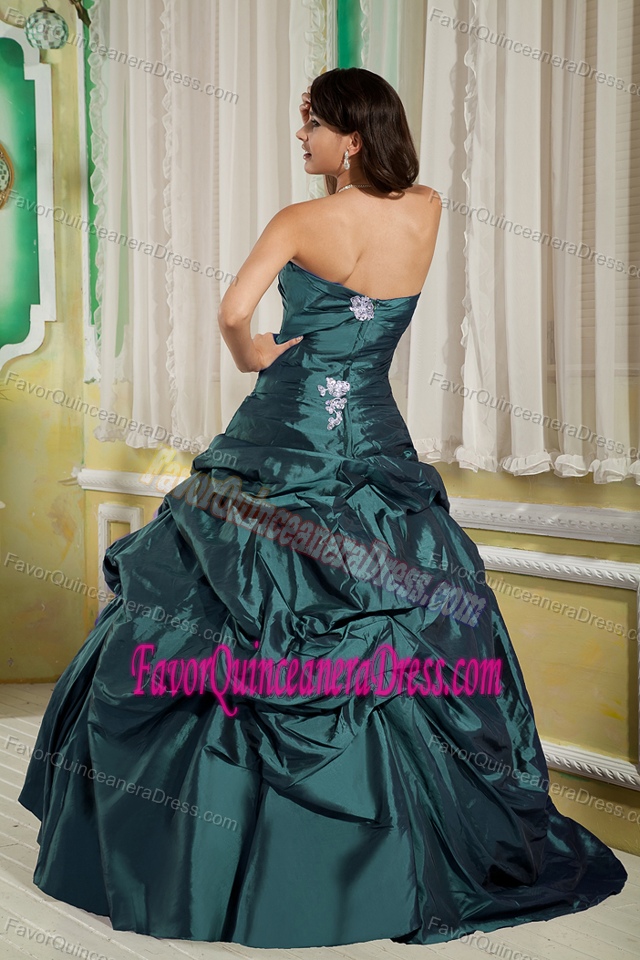 Classy Appliqued Strapless Hunter Green Taffeta Quinceanera Dress with Pick-ups