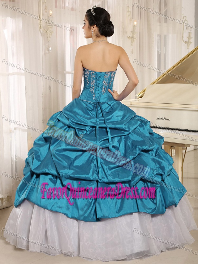 Embroidered Teal Taffeta and White Organza Quincenaera Dresses with Pick-ups
