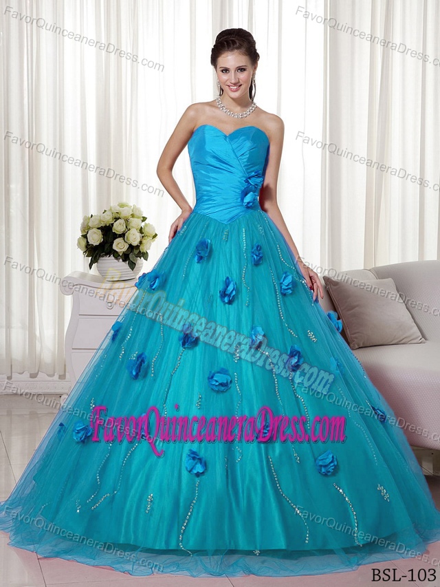 Tulle and Taffeta A-line Brush Train Quince Dresses with Hand Made Flowers