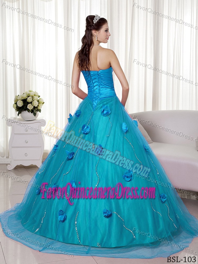 Tulle and Taffeta A-line Brush Train Quince Dresses with Hand Made Flowers