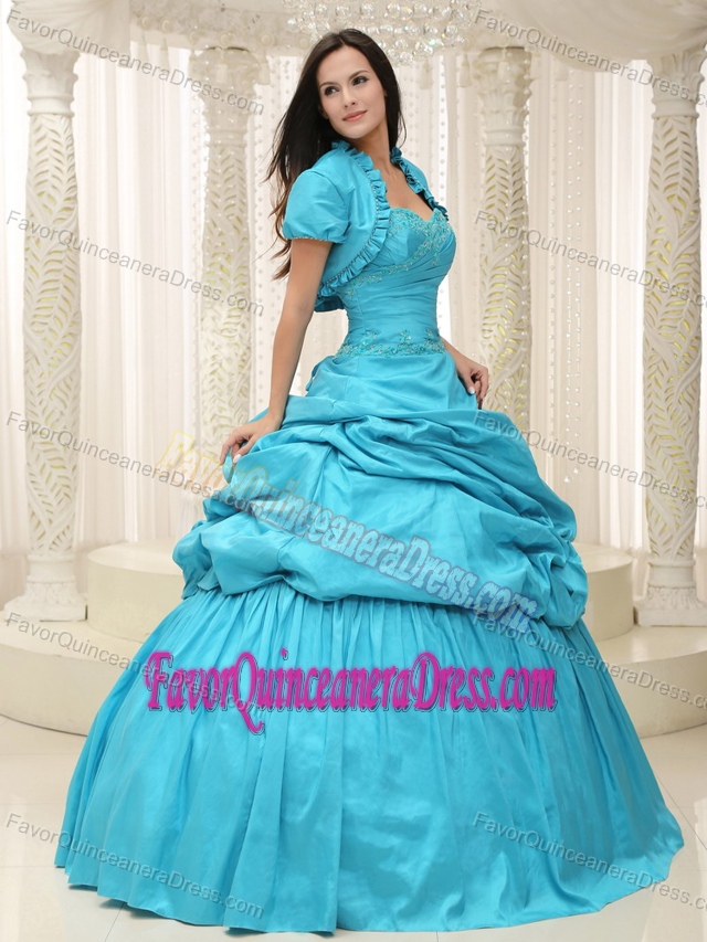 Teal Taffeta Sweetheart Appliqued for Sweet Sixteen Dresses with Lace Up