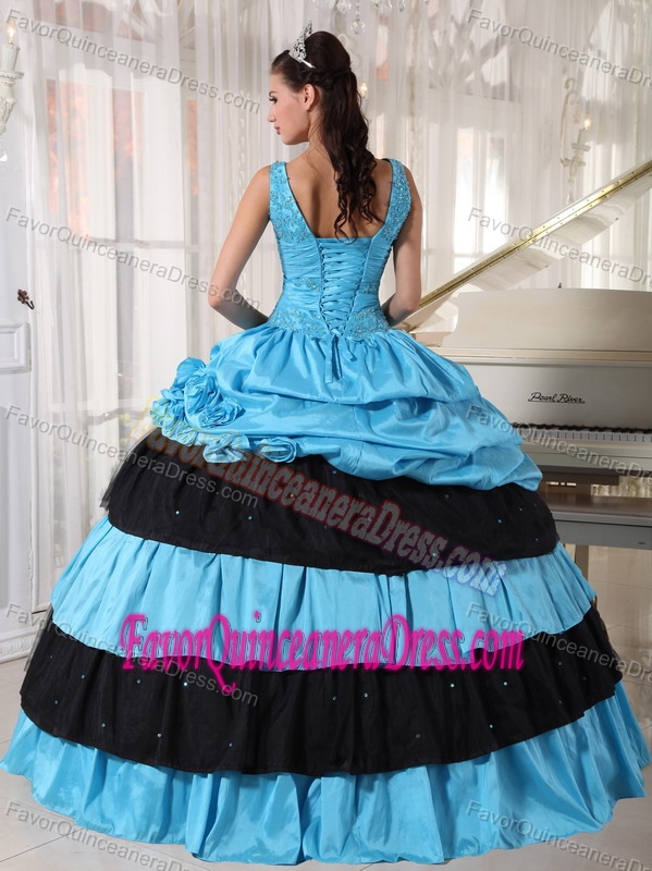 Light Blue and Black Taffeta Beaded Dress for Quinceaneras with V-neck