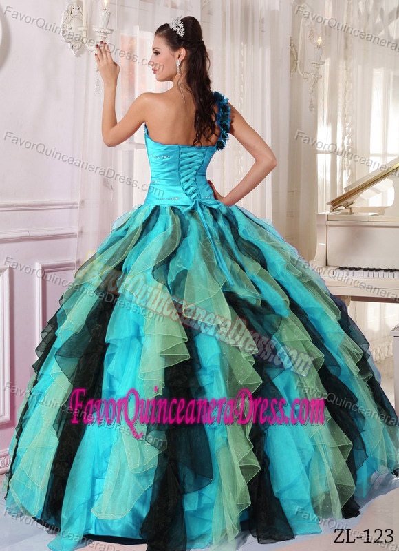 Multi-color One Shoulder Organza Beaded Quinceaneras Dress with Ruffles