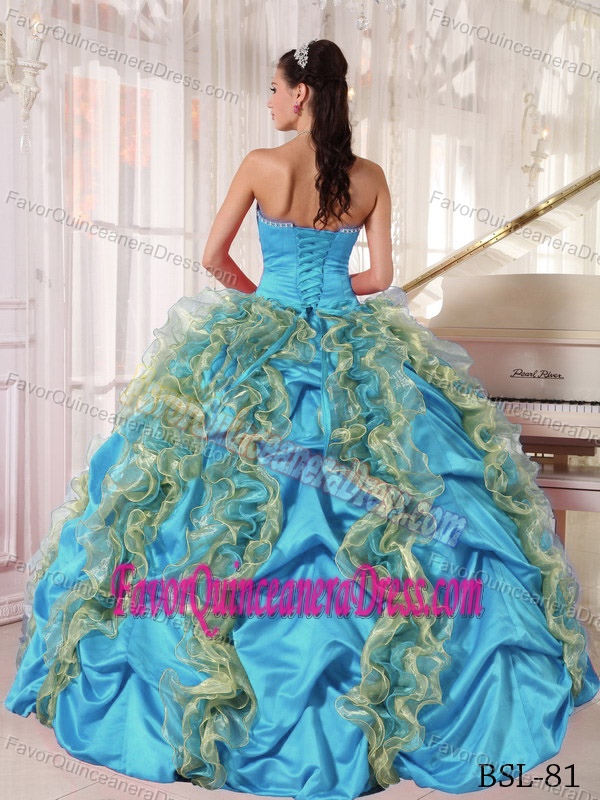 Beaded and Ruffled Strapless Dress for Quinceaneras in Organza and Taffeta