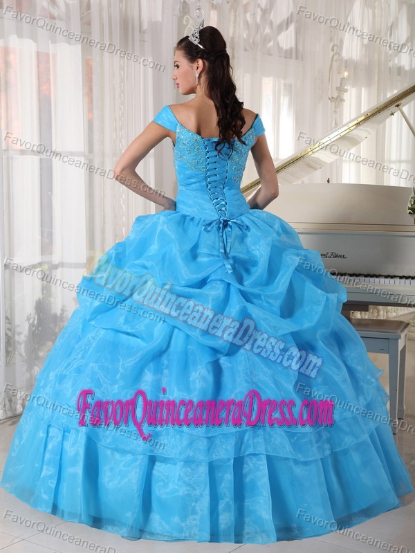 Off The Shoulder Taffeta and Organza Beaded Sweet Sixteen Dresses in Blue