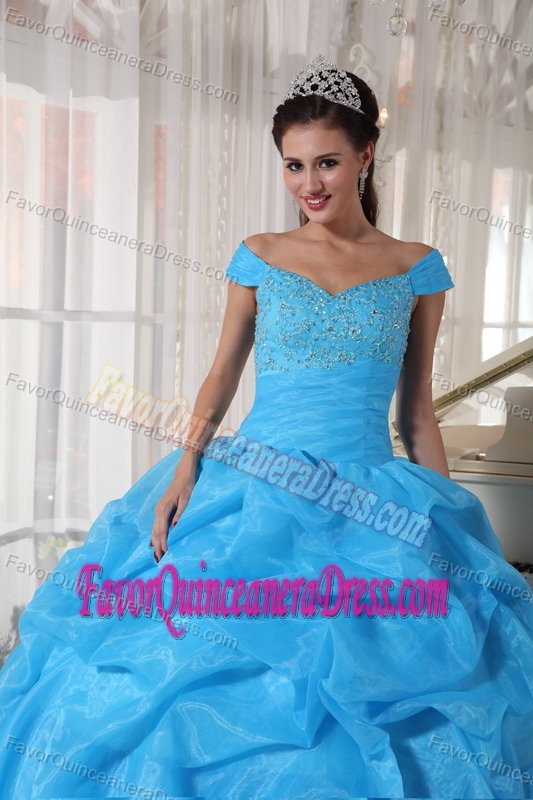Off The Shoulder Taffeta and Organza Beaded Sweet Sixteen Dresses in Blue
