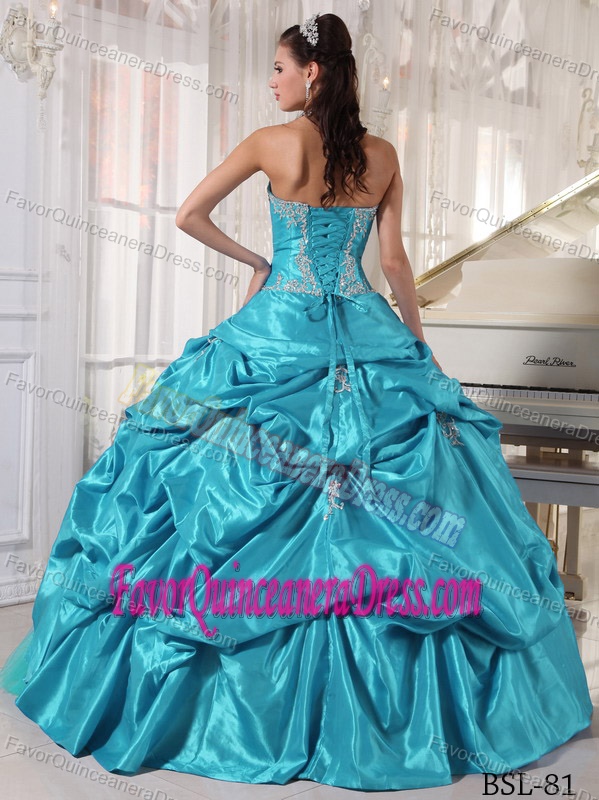 Strapless Appliqued Taffeta and Tulle Dress for Quinceaneras in Aqua Blue