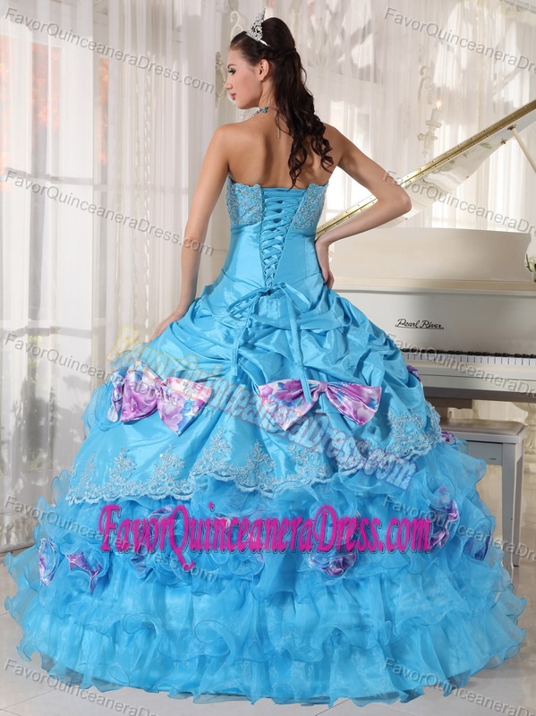 Aqua Ball Gown Strapless Organza and Taffeta Quince Dresses with Appliques