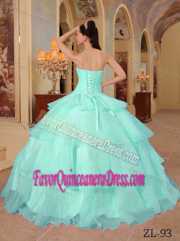 Organza Beaded Aqua Blue Ball Gown Quinceanera Gown with Sweetheart