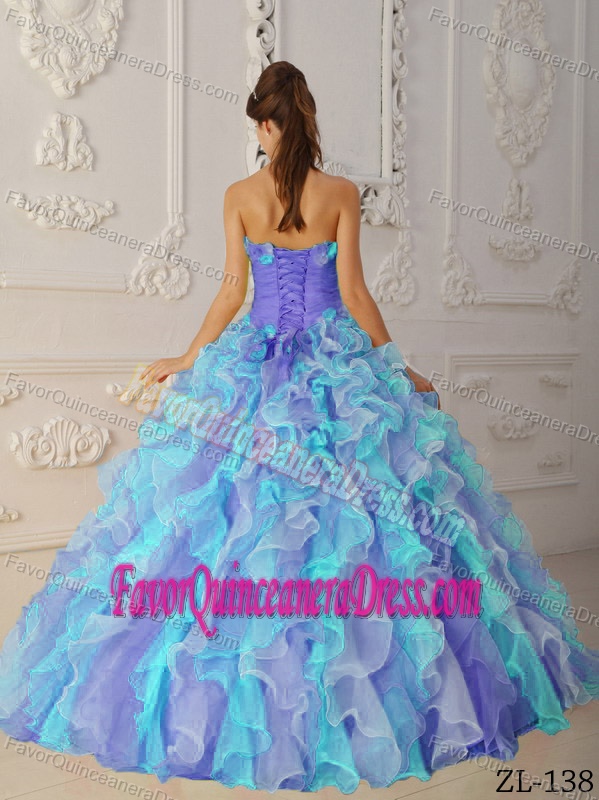 Multi-color Strapless Organza Quince Dresses with Handle Flowers and Ruffles