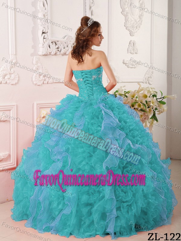 Turquoise Organza Appliqued and Beaded Quince Dresses with Sweetheart