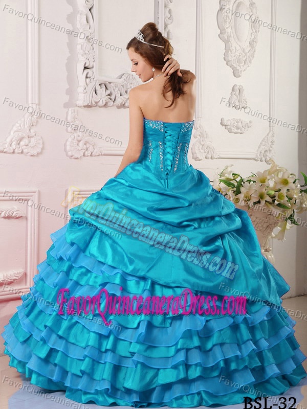 Ball Gown Strapless Taffeta Beaded Dress for Quinceanera in Aqua Blue