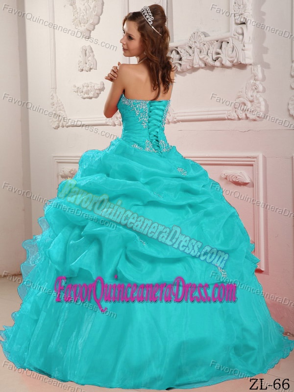 Beaded and Ruffled Aqua Blue Strapless Dress for Quinceanera in Organza