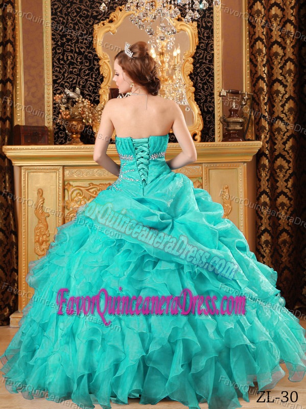 Turquoise Floor-length Organza Beaded Quinceanera Dresses with Ruffles