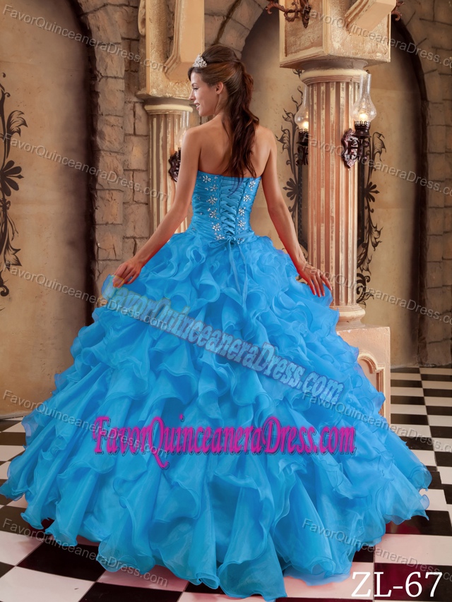 Ruffled Organza Aqua Blue Ball Gown Quinceanera Gown with Sweetheart